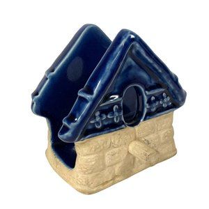 Vintage Russ Blue Birdhouse Napkin Holder 5" Ceramic Cottagecore Letter Holder